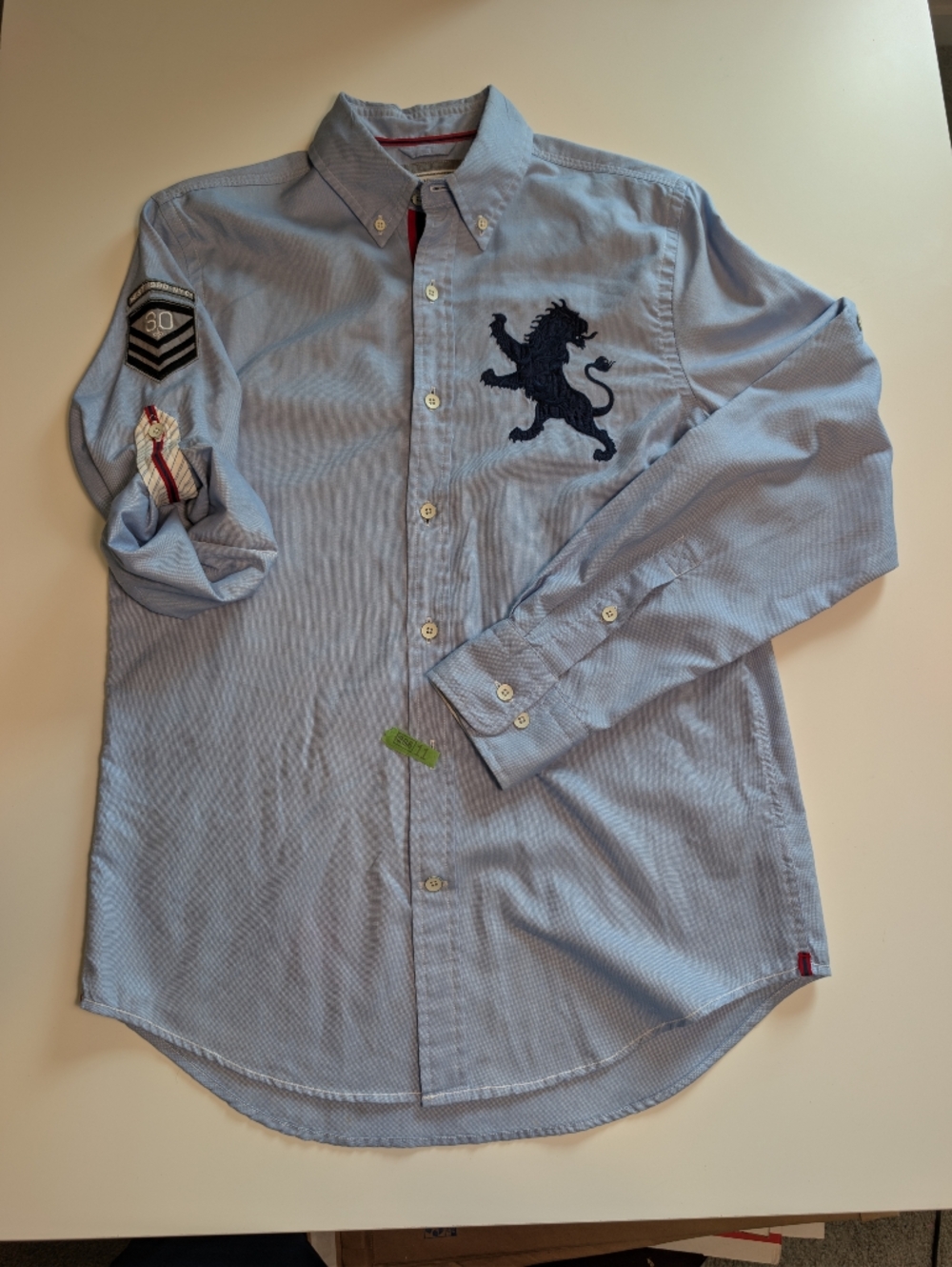 Express Men Small Blue Oxford Button Down Lion Logo Military Patch Metal Buttons